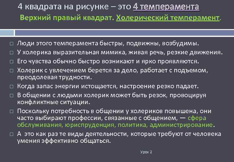 4 квадрата на рисунке – это 4 темперамента Верхний правый квадрат. Холерический темперамент. Люди