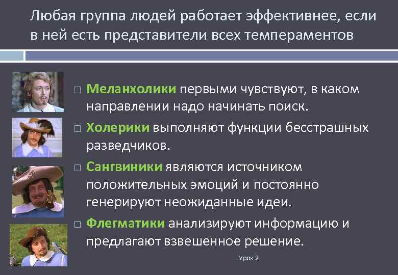 Любая группа людей работает эффективнее, если в ней есть представители всех темпераментов Меланхолики первыми