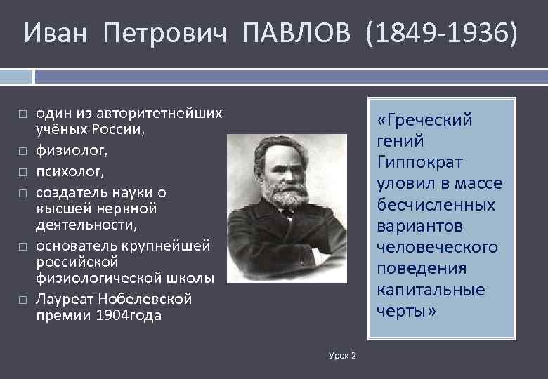 Иван Петрович ПАВЛОВ (1849 -1936) один из авторитетнейших учёных России, физиолог, психолог, создатель науки