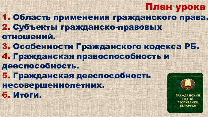 План урока 1. Область применения гражданского права. 2. Субъекты гражданско-правовых отношений. 3. Особенности Гражданского