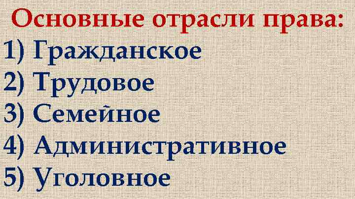 Основные отрасли права: 1) Гражданское 2) Трудовое 3) Семейное 4) Административное 5) Уголовное 