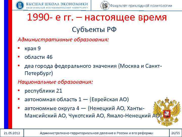 Факультет прикладной политологии 1990 - е гг. – настоящее время Субъекты РФ Административные образования: