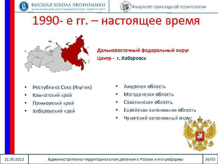 Факультет прикладной политологии 1990 - е гг. – настоящее время Дальневосточный федеральный округ Центр