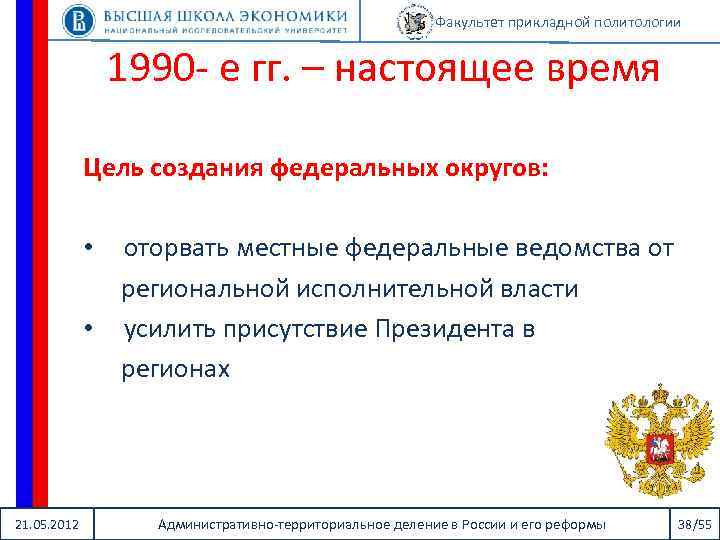 Факультет прикладной политологии 1990 - е гг. – настоящее время Цель создания федеральных округов: