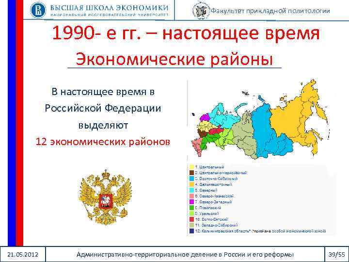 Факультет прикладной политологии 1990 - е гг. – настоящее время Экономические районы В настоящее