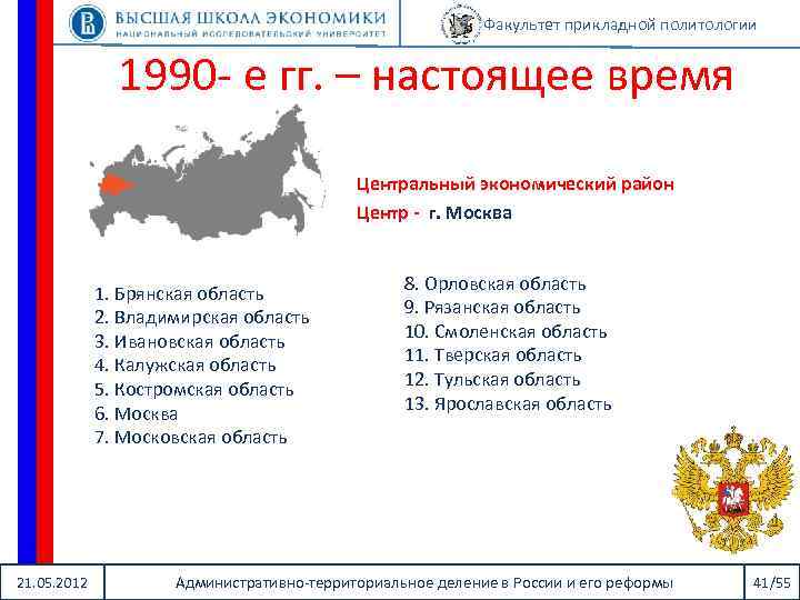 Факультет прикладной политологии 1990 - е гг. – настоящее время Центральный экономический район Центр