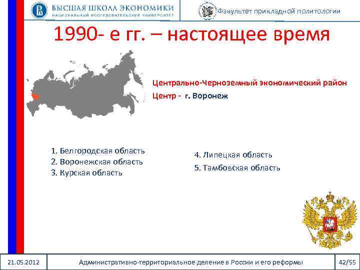 Факультет прикладной политологии 1990 - е гг. – настоящее время Центрально-Черноземный экономический район Центр