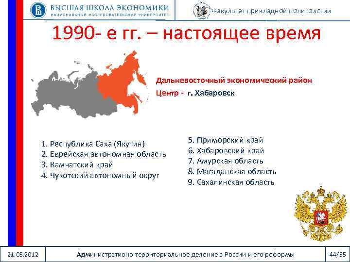 Факультет прикладной политологии 1990 - е гг. – настоящее время Дальневосточный экономический район Центр