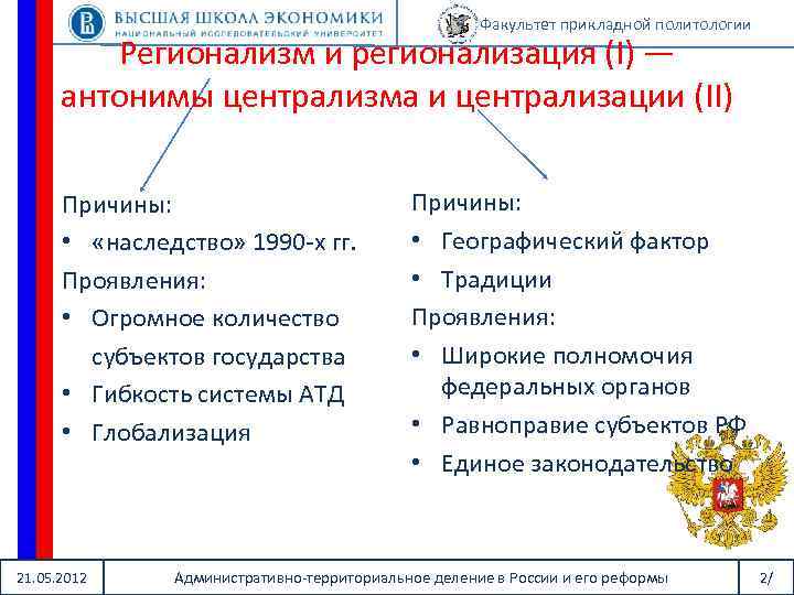 Факультет прикладной политологии Регионализм и регионализация (I) — антонимы централизма и централизации (II) Причины: