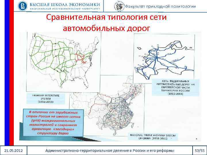 Факультет прикладной политологии Сравнительная типология сети автомобильных дорог 21. 05. 2012 Административно-территориальное деление в