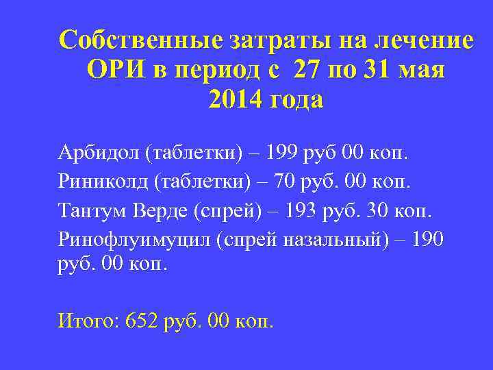 Собственные затраты на лечение ОРИ в период с 27 по 31 мая 2014 года