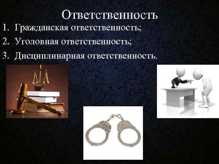 Ответственность 1. Гражданская ответственность; 2. Уголовная ответственность; 3. Дисциплинарная ответственность. 