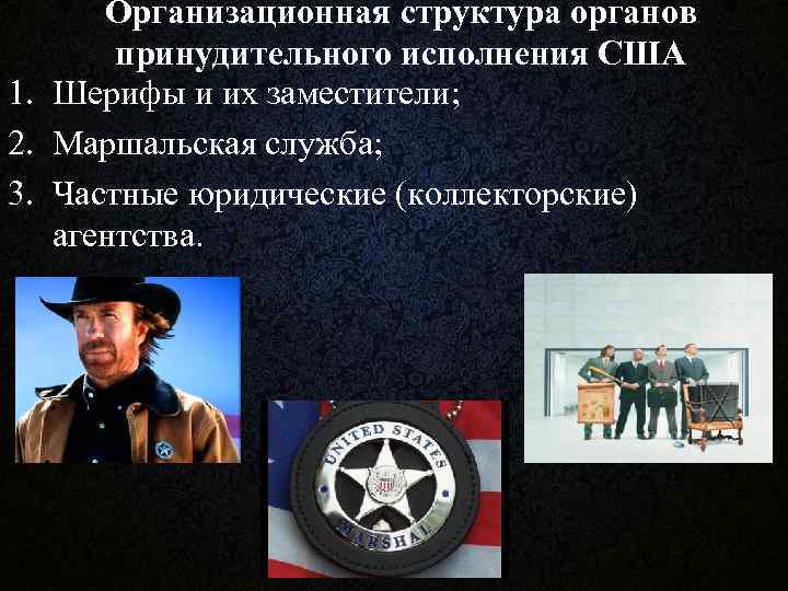 Организационная структура органов принудительного исполнения США 1. Шерифы и их заместители; 2. Маршальская служба;
