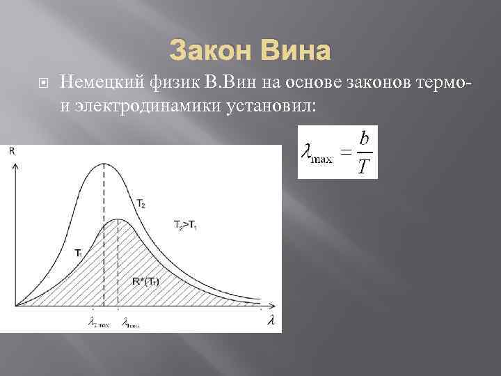 Закон Вина Немецкий физик В. Вин на основе законов термои электродинамики установил: 