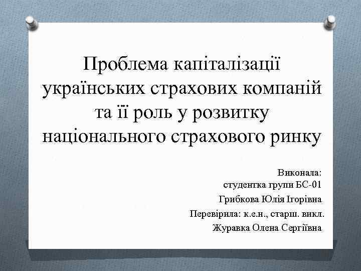 Проблема капіталізації українських страхових компаній та її роль у розвитку національного страхового ринку Виконала: