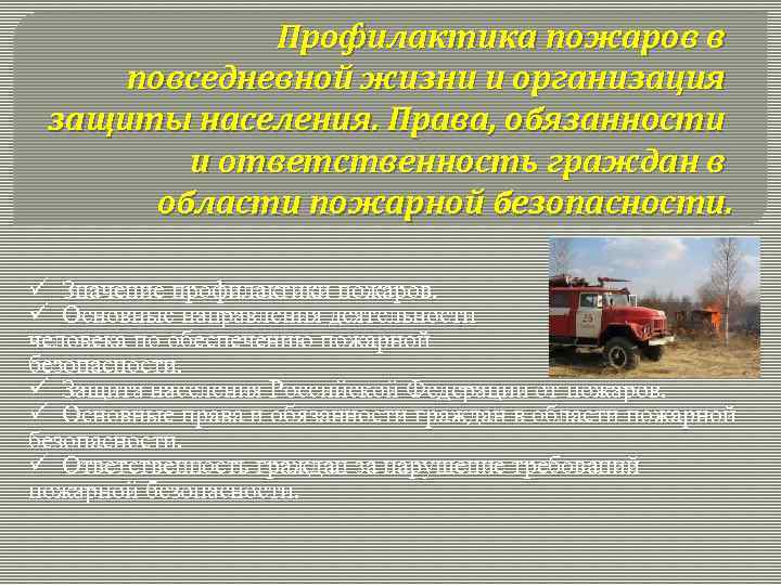 Профилактика пожаров в повседневной жизни и организация защиты населения. Права, обязанности и ответственность граждан