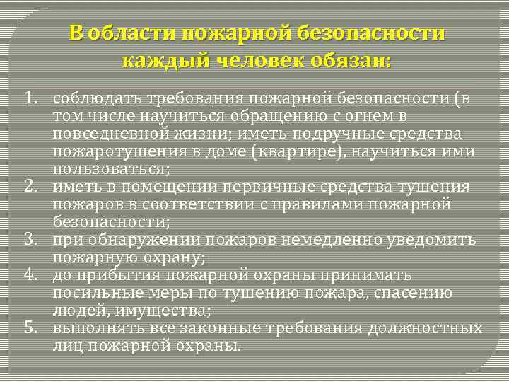В области пожарной безопасности каждый человек обязан: 1. соблюдать требования пожарной безопасности (в том
