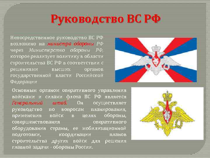 Руководство ВС РФ Непосредственное руководство ВС РФ возложено на министра обороны РФ через Министерство