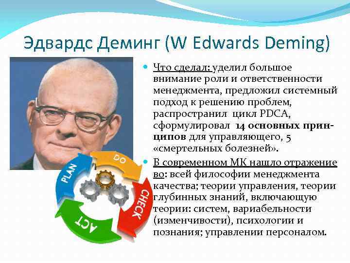 Эдвардс Деминг (W Edwards Deming) Что сделал: уделил большое внимание роли и ответственности менеджмента,