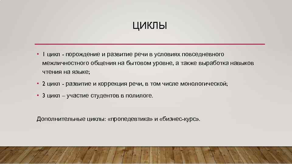 ЦИКЛЫ • 1 цикл - порождение и развитие речи в условиях повседневного межличностного общения