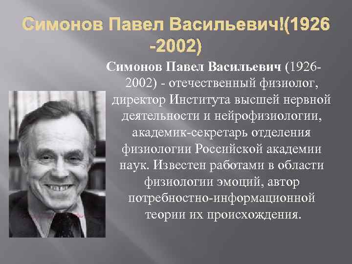 Симонов Павел Васильевич (1926 -2002) Симонов Павел Васильевич (19262002) - отечественный физиолог, директор Института