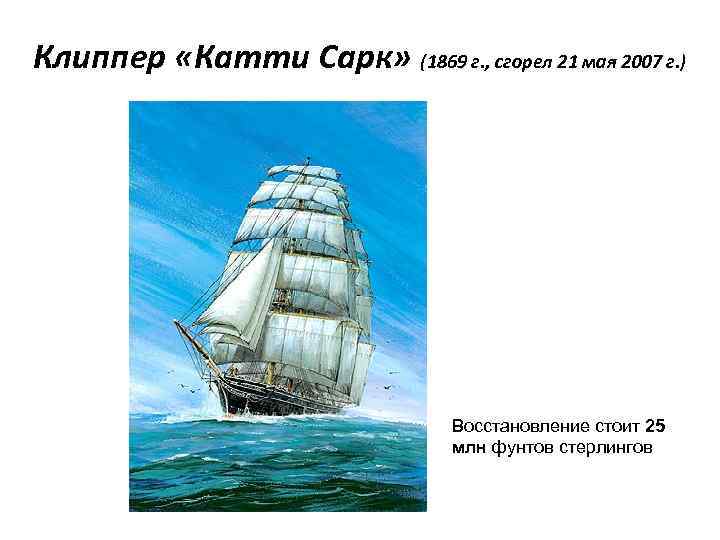 Клиппер «Катти Сарк» (1869 г. , сгорел 21 мая 2007 г. ) Восстановление стоит