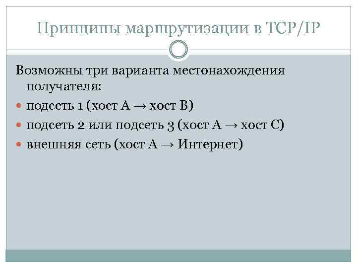 Принципы маршрутизации в TCP/IP Возможны три варианта местонахождения получателя: подсеть 1 (хост А →