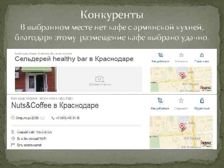 Конкуренты В выбранном месте нет кафе с армянской кухней, благодаря этому размещение кафе выбрано