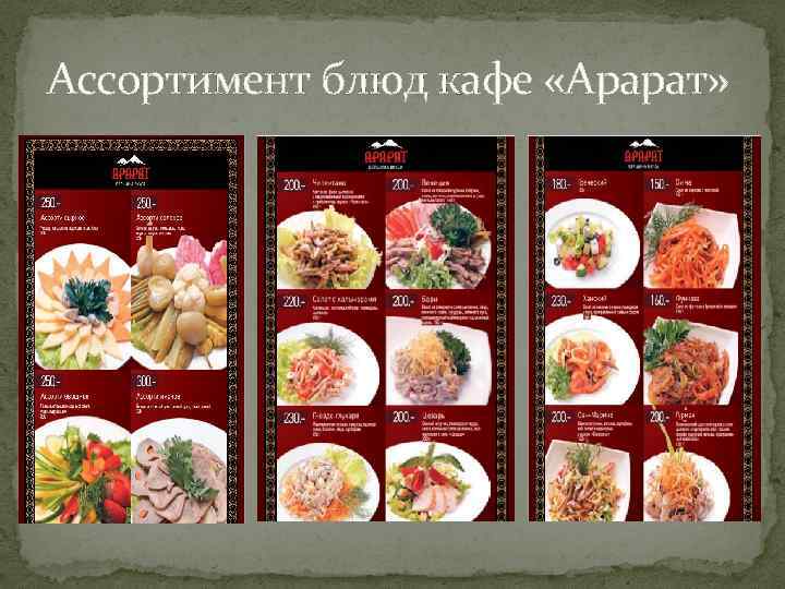 Ассортимент блюд кафе «Арарат» 