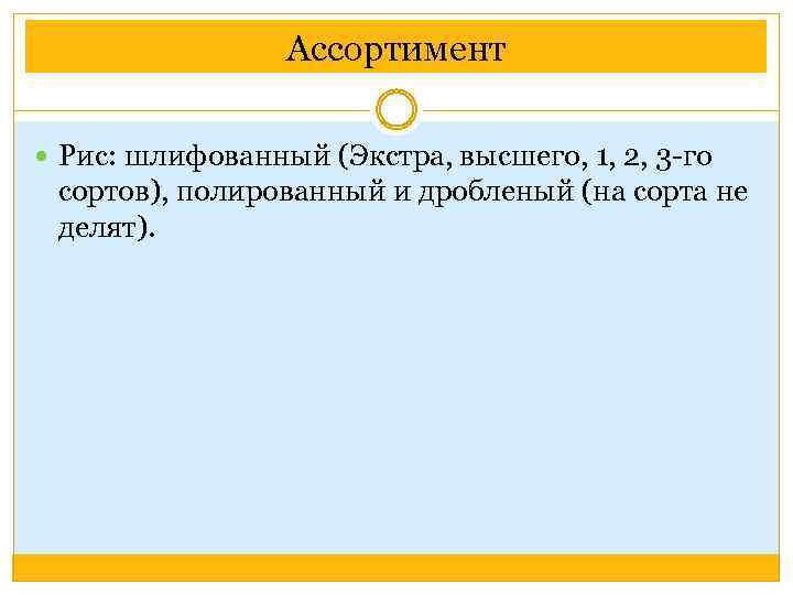 Ассортимент Рис: шлифованный (Экстра, высшего, 1, 2, 3 -го сортов), полированный и дробленый (на