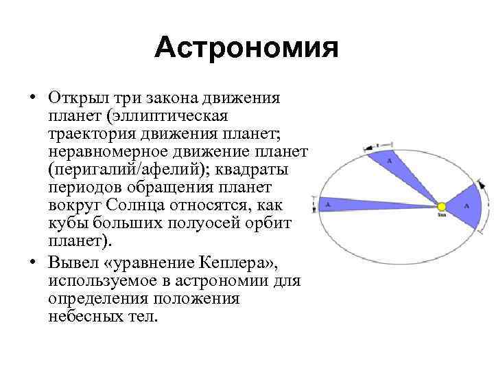 Астрономия • Открыл три закона движения планет (эллиптическая траектория движения планет; неравномерное движение планет