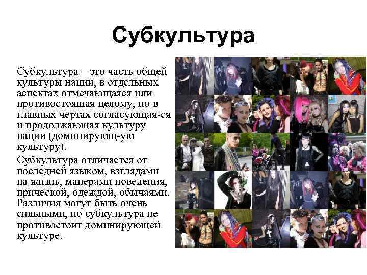 Субкультура – это часть общей культуры нации, в отдельных аспектах отмечающаяся или противостоящая целому,