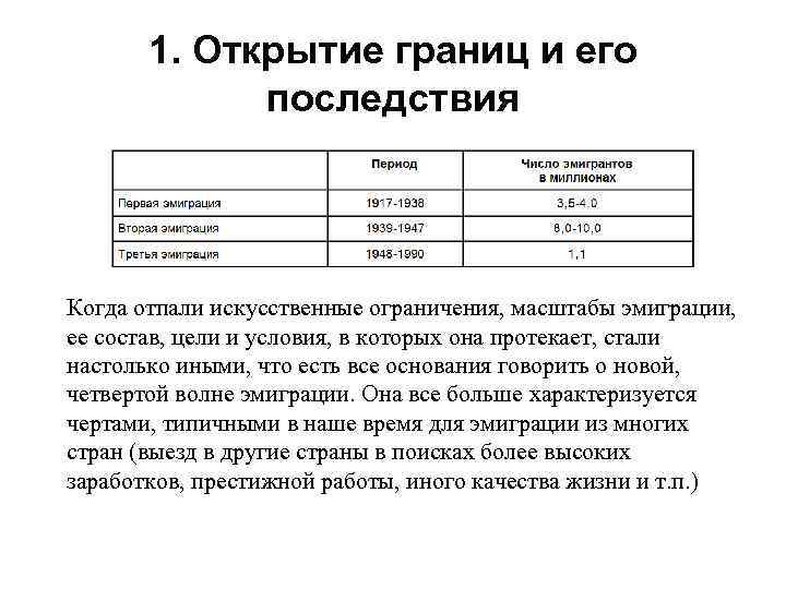 1. Открытие границ и его последствия Когда отпали искусственные ограничения, масштабы эмиграции, ее состав,