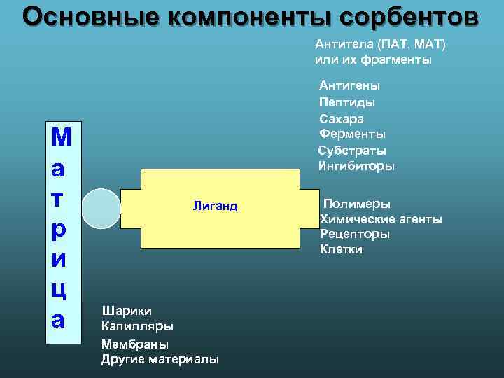 Основные компоненты сорбентов Антитела (ПАТ, МАТ) или их фрагменты М а т р и