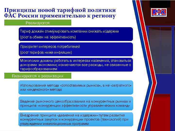 Принципы новой тарифной политики ФАС России применительно к региону Реализуются Тариф должен стимулировать компании