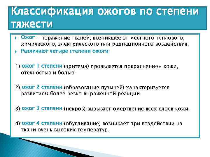 Классификация ожогов по степени тяжести - поражение тканей, возникшее от местного теплового, химического, электрического