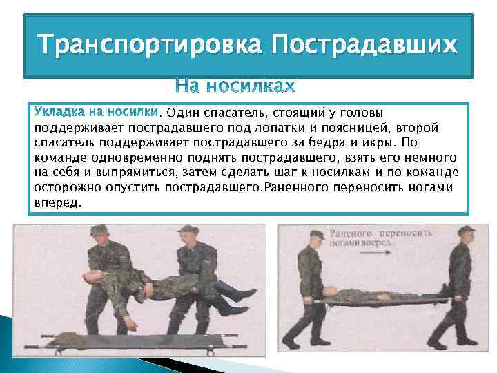 Транспортировка Пострадавших. Один спасатель, стоящий у головы поддерживает пострадавшего под лопатки и поясницей, второй