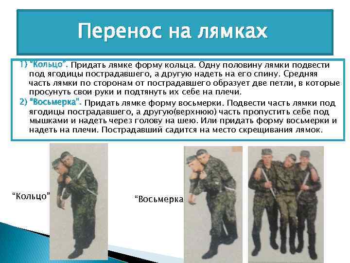 Перенос на лямках Придать лямке форму кольца. Одну половину лямки подвести под ягодицы пострадавшего,