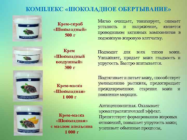 КОМПЛЕКС «ШОКОЛАДНОЕ ОБЕРТЫВАНИЕ» Крем-скраб «Шоколадный» 500 г Мягко очищает, тонизирует, снимает усталость и напряжение,