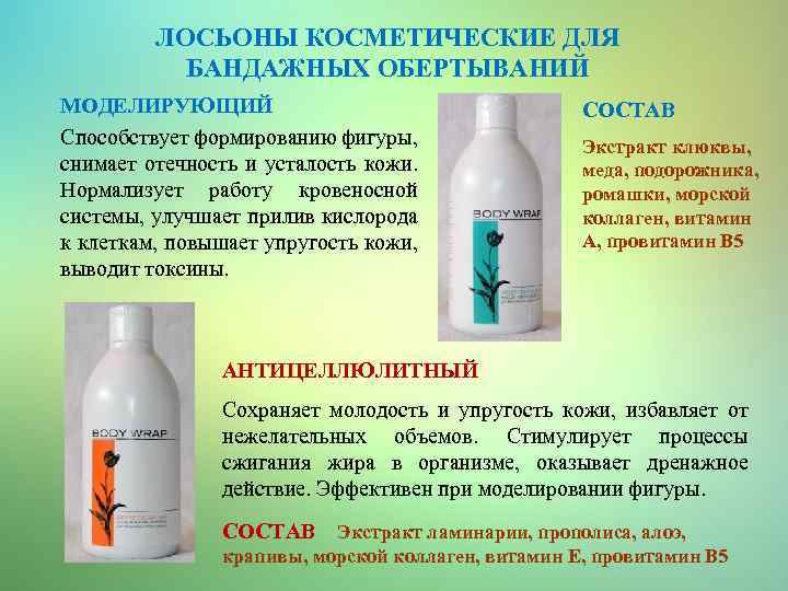 ЛОСЬОНЫ КОСМЕТИЧЕСКИЕ ДЛЯ БАНДАЖНЫХ ОБЕРТЫВАНИЙ МОДЕЛИРУЮЩИЙ Способствует формированию фигуры, снимает отечность и усталость кожи.