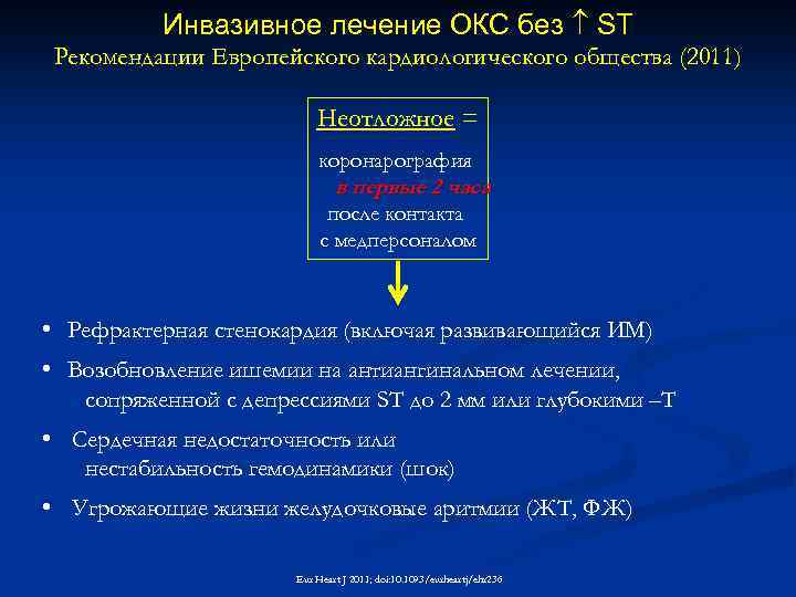 Инвазивное лечение ОКС без ST Рекомендации Европейского кардиологического общества (2011) Неотложное = коронарография в