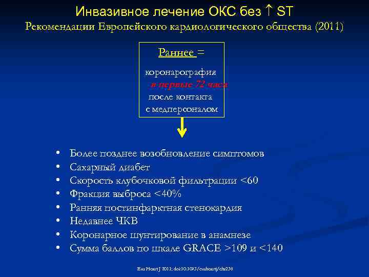 Инвазивное лечение ОКС без ST Рекомендации Европейского кардиологического общества (2011) Раннее = коронарография в