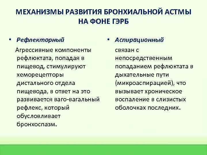 МЕХАНИЗМЫ РАЗВИТИЯ БРОНХИАЛЬНОЙ АСТМЫ НА ФОНЕ ГЭРБ • Рефлекторный • Аспирационный Агрессивные компоненты связан