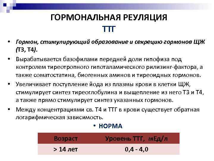 ГОРМОНАЛЬНАЯ РЕУЛЯЦИЯ ТТГ • Гормон, стимулирующий образование и секрецию гормонов ЩЖ (Т 3, Т