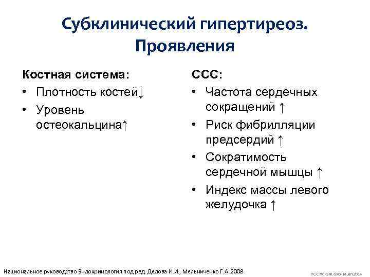 Субклинический гипертиреоз. Проявления Костная система: • Плотность костей↓ • Уровень остеокальцина↑ ССС: • Частота