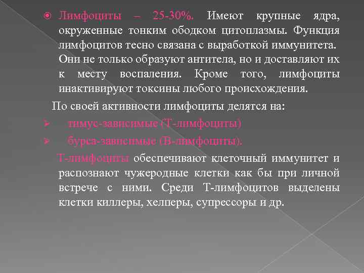 Лимфоциты – 25 -30%. Имеют крупные ядра, окруженные тонким ободком цитоплазмы. Функция лимфоцитов тесно