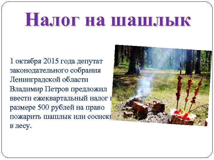 Налог на шашлык 1 октября 2015 года депутат законодательного собрания Ленинградской области Владимир Петров