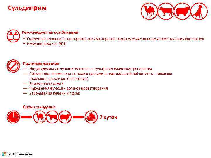 Сульдиприм Рекомендуемая комбинация ü Сыворотка поливалентная против колибактериоза сельскохозяйственных животных (колибактериоз) ü Иммуностимулин ВБФ