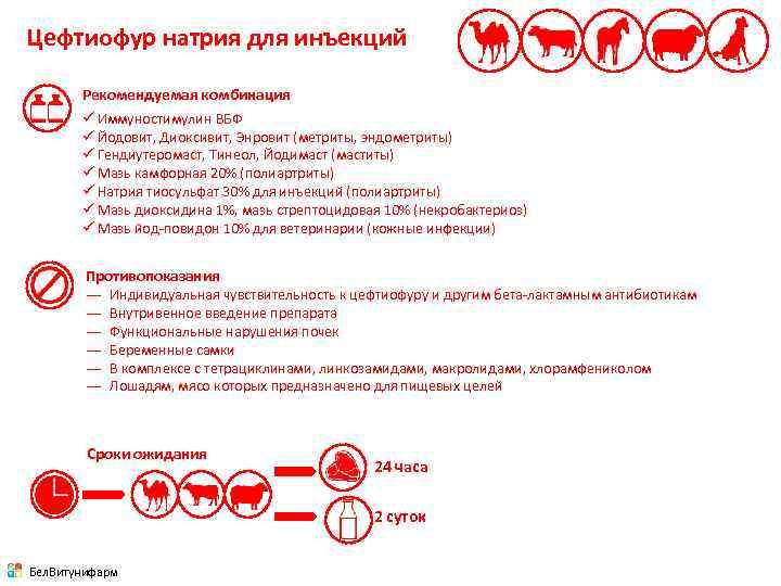 Цефтиофур натрия для инъекций Рекомендуемая комбинация ü Иммуностимулин ВБФ ü Йодовит, Диоксивит, Энровит (метриты,