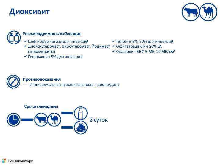 Диоксивит Рекомендуемая комбинация ü Цефтиофур натрия для инъекций ü Тилозин 5%, 20% для инъекций